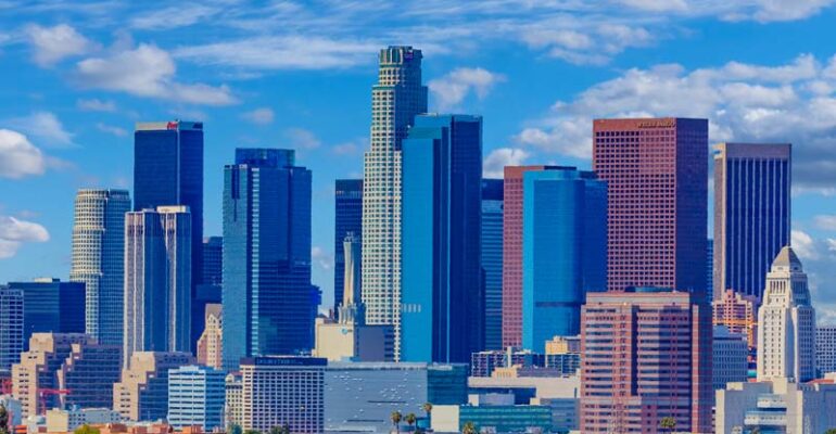 A skyline view of Los Angeles on a sunny day