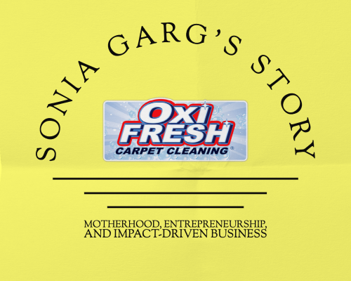 This graphic features the Oxi Fresh logo and shows that this piece is about Sonia Garg's inspiring story of motherhood, entrepreneurship, and impact-driven business.