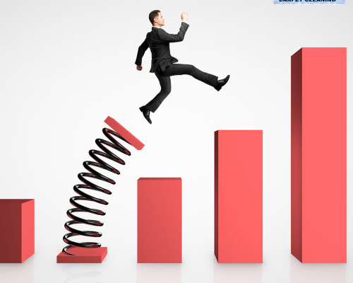 This graphic shows a series of red blocks that get taller the further toward the right that they are, while there's a businessman in a suit being sprung ahead off one of the blocks, which appears to be spring-loaded, representing the fast growth of the Oxi Fresh brand; this image also features the Oxi Fresh logo.