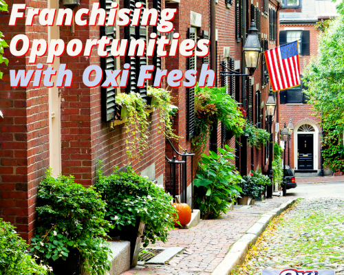 This image shows a street in Boston, surrounded with greenery and brick buildings. In bold and colorful text, it says "Boston Franchising Opportunities with Oxi Fresh" and also features the Oxi Fresh logo.