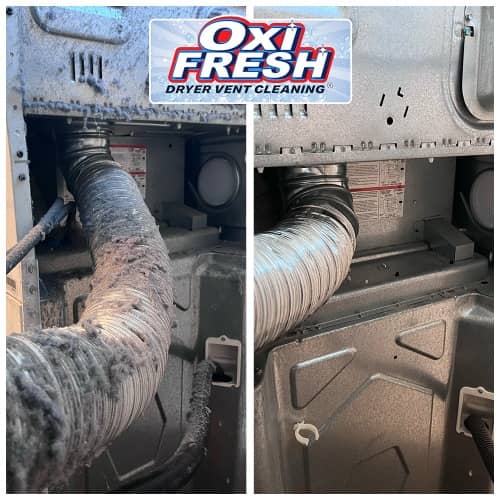 Before and after photo of Oxi Fresh's dryer vent cleaning service.